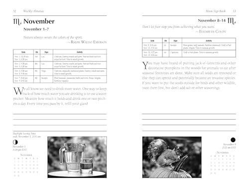 Open book pages displaying lunar cycles, dates, and black and white photos.