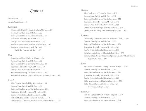 Table of contents from "Llewellyn's 2026 Sabbats Almanac" book, listing chapters.