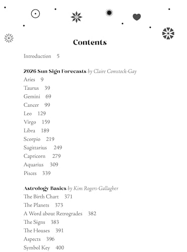 Table of contents from “Llewellyn’s 2026 Sun Sign Book” listing zodiac signs.