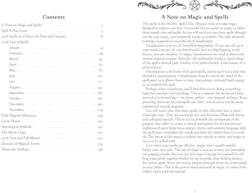 Open book displaying the contents of Llewellyn's 2026 Witches' Spell-A-Day Almanac.