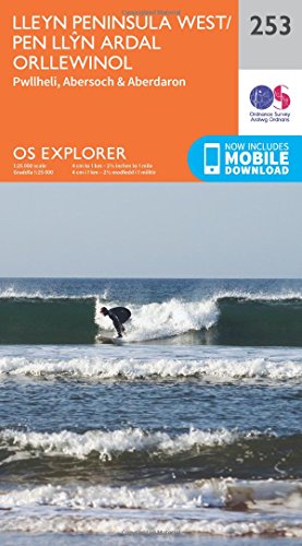 Ordnance Survey Explorer map cover for Lleyn Peninsula West featuring a surfer on waves.