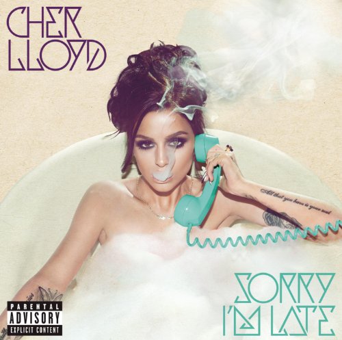 Cher Lloyd album cover: woman in bubbles with a turquoise phone.