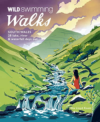 Book cover illustration showing a woman in a red swimsuit by a mountain waterfall.