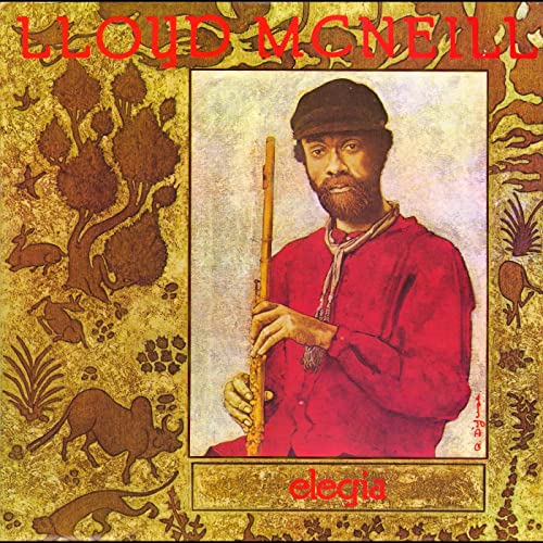 Portrait of Lloyd McNeill playing a flute, framed by gold-toned illustrations of animals.