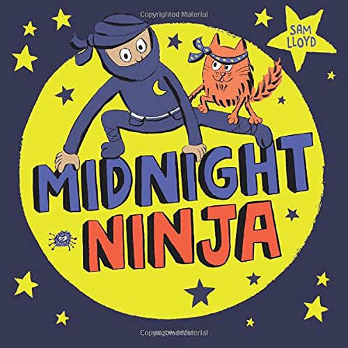 Cartoon ninja and orange cat on a yellow background with stars.