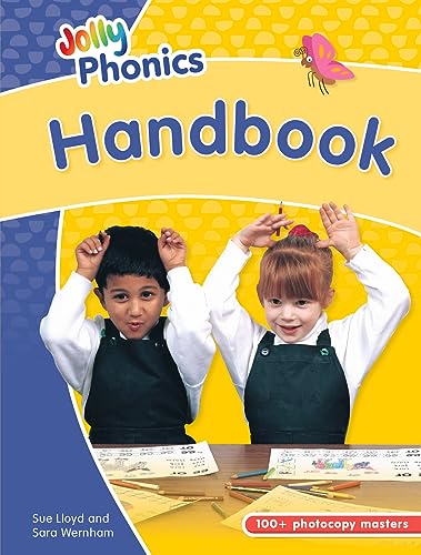 “Jolly Phonics Handbook” cover with two children and colorful graphics.