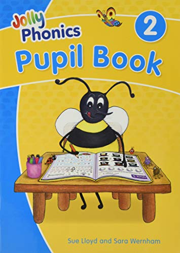 “Jolly Phonics” Pupil Book 2 cover with a cartoon bee and open book.