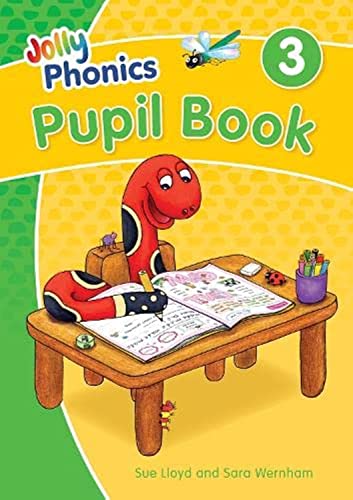 Jolly Phonics" Pupil Book 3 cover with cartoon snake reading at a desk.