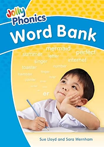 Jolly Phonics Word Bank book cover featuring a child writing with words floating above.
