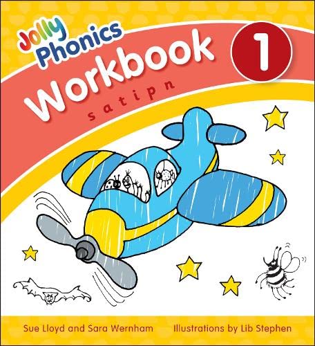 Jolly Phonics Workbook 1 cover with an airplane and bee illustration.