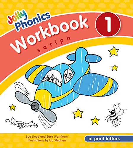 Jolly Phonics Workbook 1 cover with an airplane, stars, and a bee.