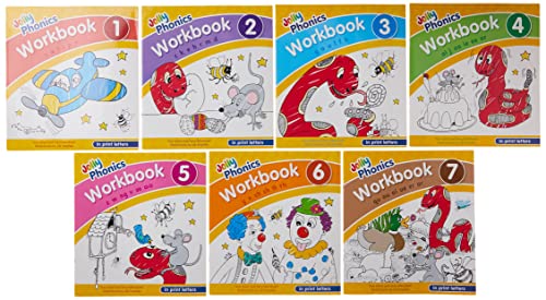Seven colorful Jolly Phonics workbooks numbered one through seven arranged in two rows.