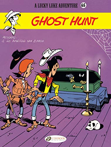 Comic book cover: Lucky Luke and companions investigate a ghostly coffin.
