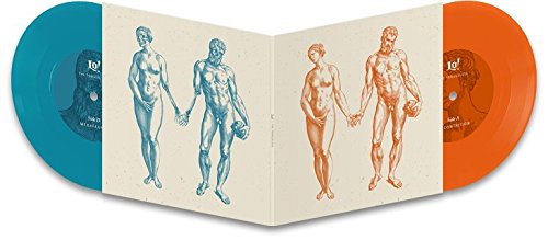 The image depicts a vinyl record album with a beige gatefold sleeve. The alt text is: "Vinyl record album with beige gatefold sleeve and nude figure illustrations."