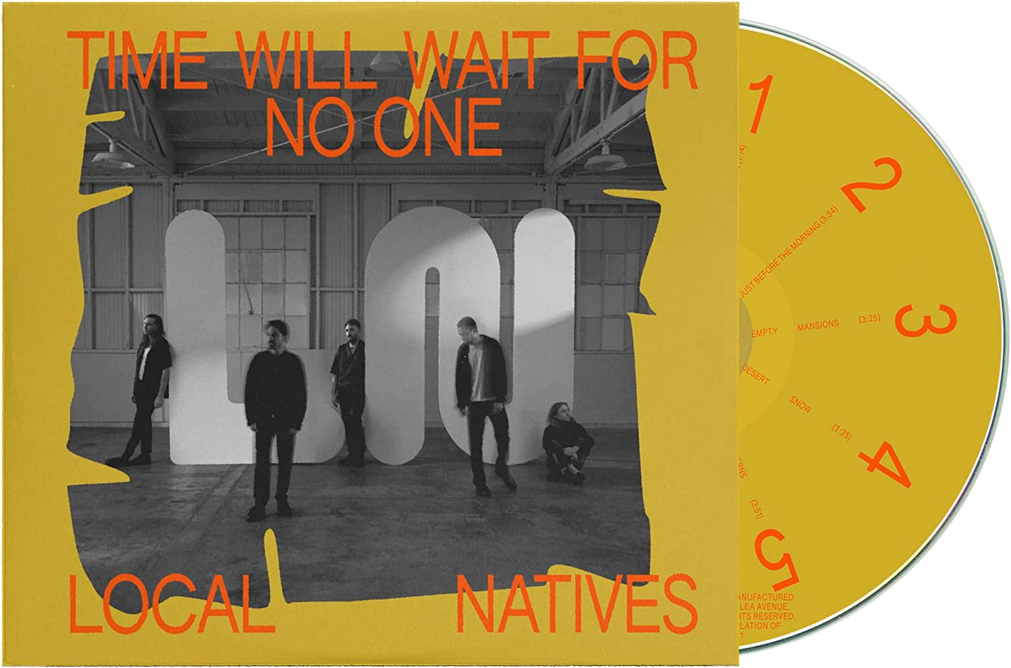 "CD case and disc with yellow cover featuring a black and white band photo."