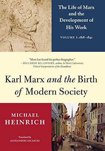 Book cover: portrait of Karl Marx, city street scene, dark blue and red.