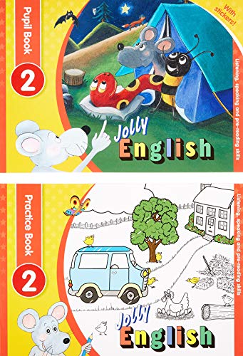 Two colorful Jolly English Level 2 pupil books with cartoon illustrations.
