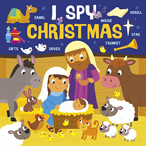 “I Spy Christmas” book cover depicting the Nativity scene with animals.