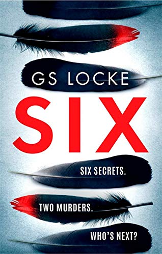 Book cover for “Six” with black feathers and red text.