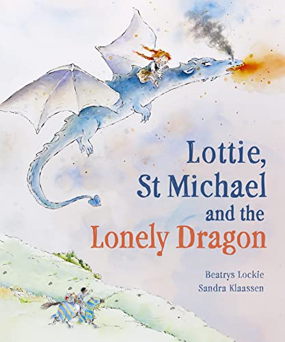 Watercolor illustration of a girl riding a blue dragon, book cover.