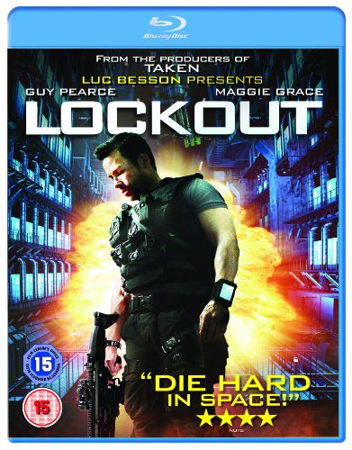 Blu-ray cover for Lockout featuring Guy Pearce in tactical gear against a fiery background.