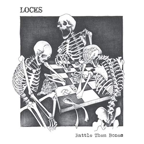 Black and white illustration of skeletons playing chess.