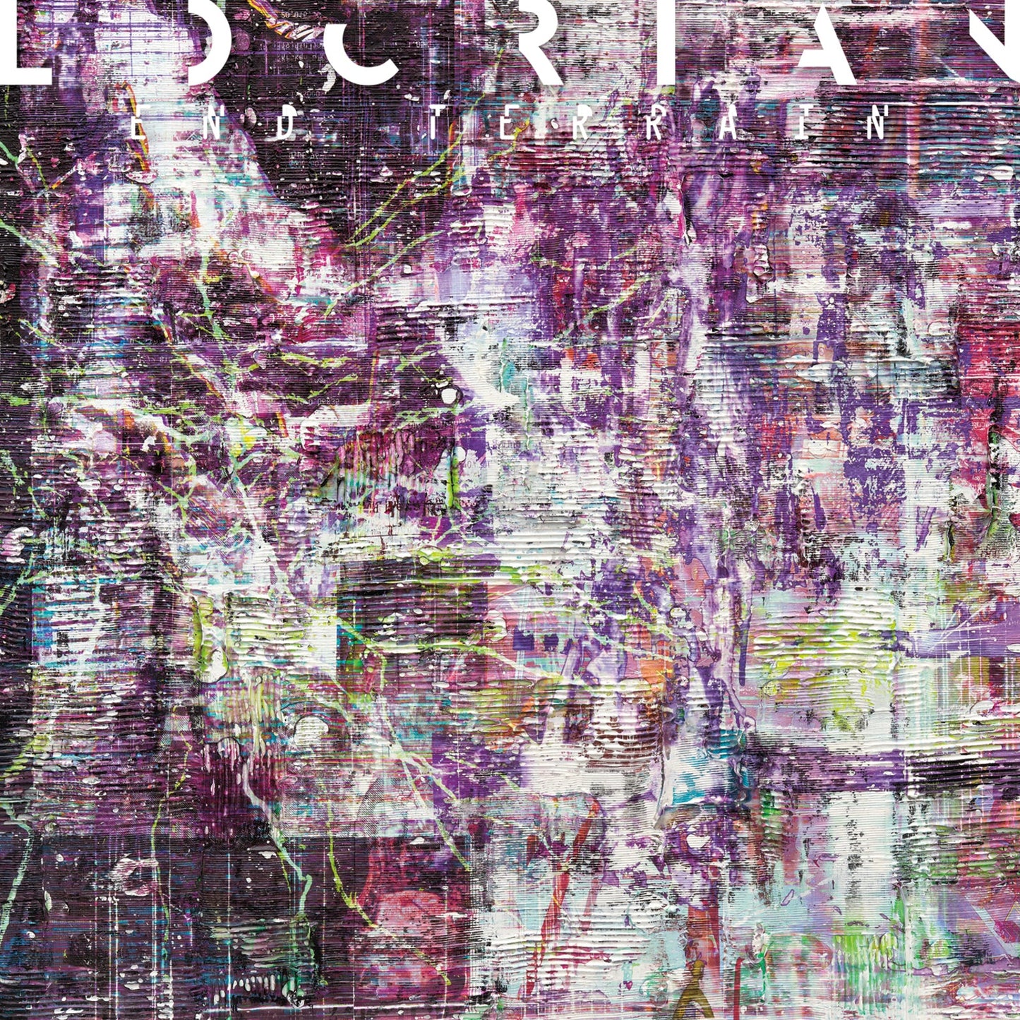 CD cover for Locrian’s “End Terrain” with abstract purple and white textures.