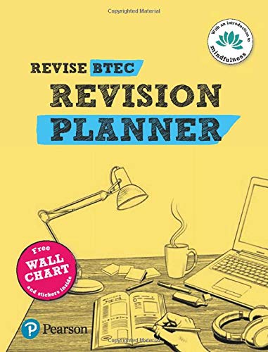 Yellow BTEC revision planner with desk items, including a laptop and lamp.