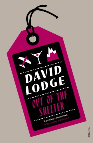 Book cover: pink tag with black text, “Out Of The Shelter” by David Lodge.