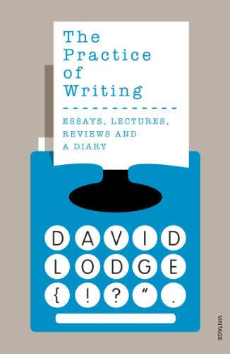 Book cover: "The Practice of Writing" by David Lodge, with typewriter illustration.