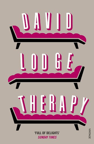 Book cover for "Therapy" by David Lodge, featuring three pink chaise lounges.
