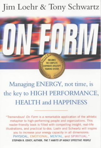 Book cover: "On Form" with blue title and gold seal, text about energy management.