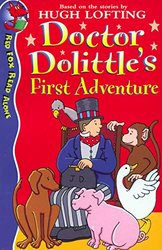 Book cover: Dr Dolittle with animals, red background, illustrated style.