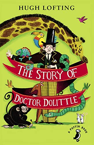 Book cover illustration of Doctor Dolittle surrounded by various animals on a green background.