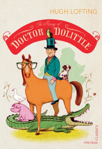 Book cover: Doctor Dolittle with animals, illustrated in vintage style.