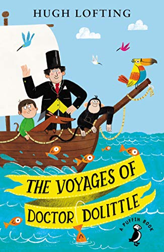 Book cover: Doctor Dolittle with animals on a ship at sea.