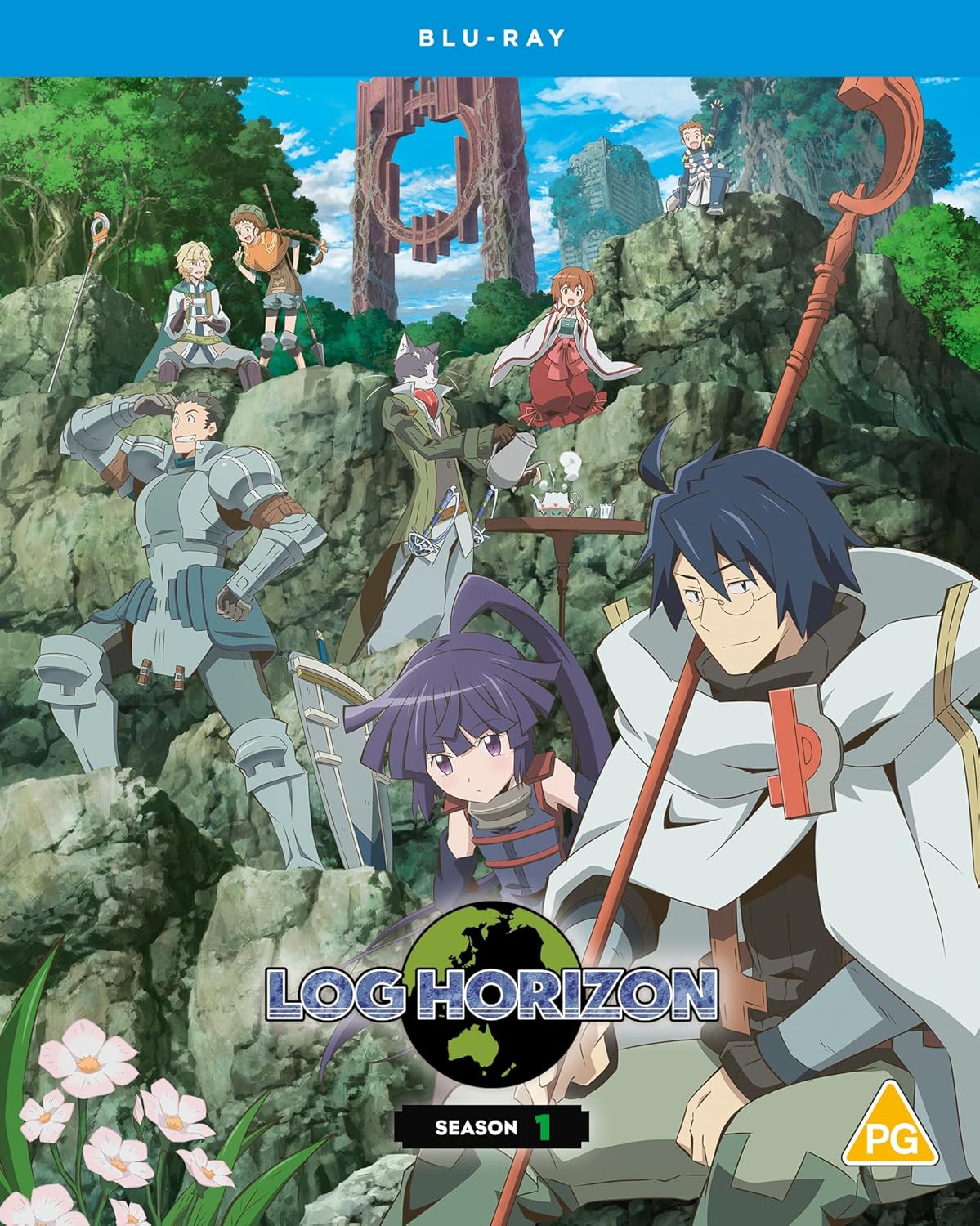 Log Horizon Season 1 Blu-ray cover featuring anime characters in a fantasy landscape.