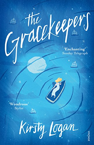 Book cover: woman in boat under moon, with birdcages, blue tones.