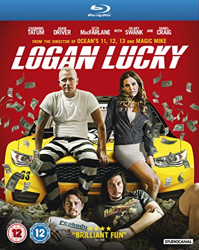 Logan Lucky" Blu-ray cover featuring Channing Tatum and Riley Keough with money.