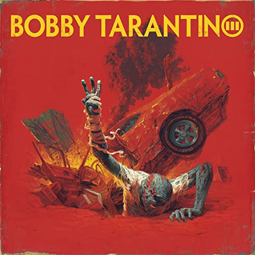 Album cover: injured person near burning car, red background, yellow text.