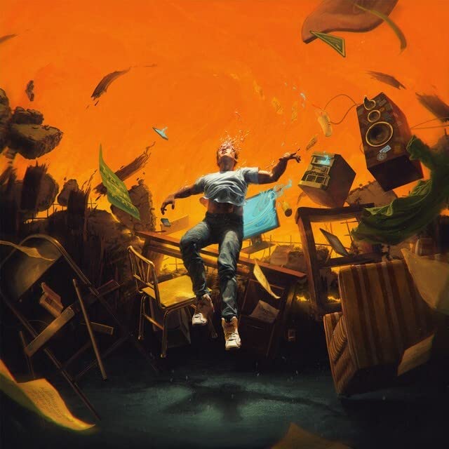 Album cover for Logic’s “No Pressure” featuring a man falling amid debris.