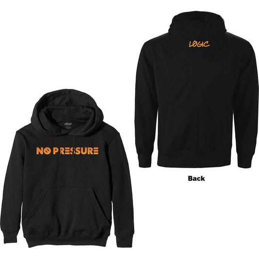 Black pullover hoodie with orange NO PRESSURE text printed on the chest.
