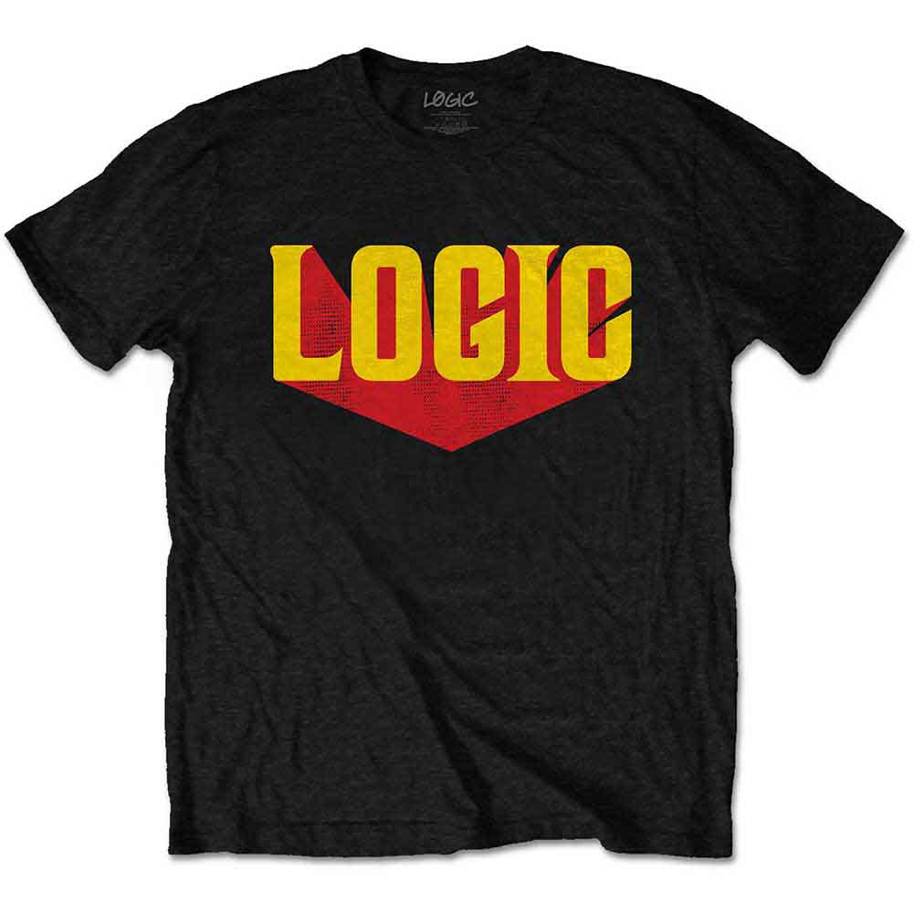 A black unisex t-shirt featuring a large white Logic logo centered on the chest.