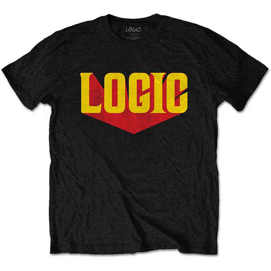 A black unisex t-shirt featuring a large white Logic logo centered on the chest.
