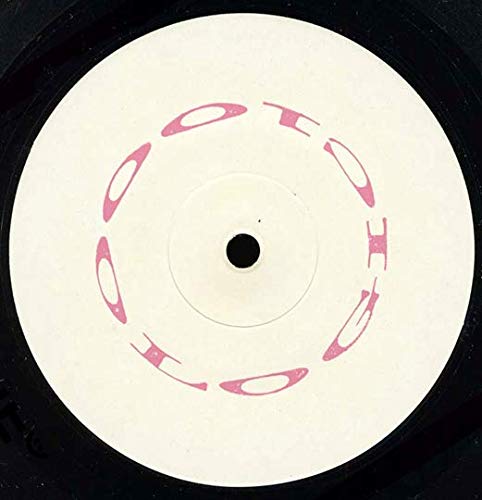 White vinyl record label with pink abstract circular design.