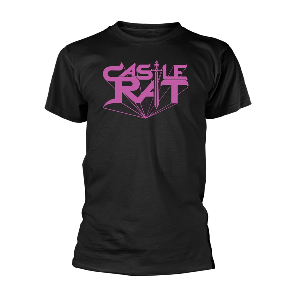 Black t-shirt with pink "Castle Rat" logo and radiating lines.