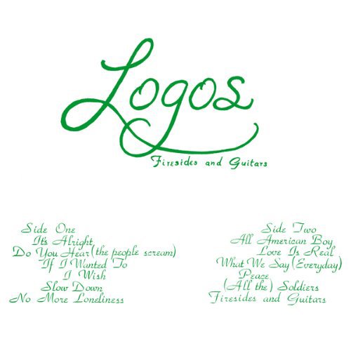 "Album cover for 'Logos - Firesides and Guitars' with green text on a white background."