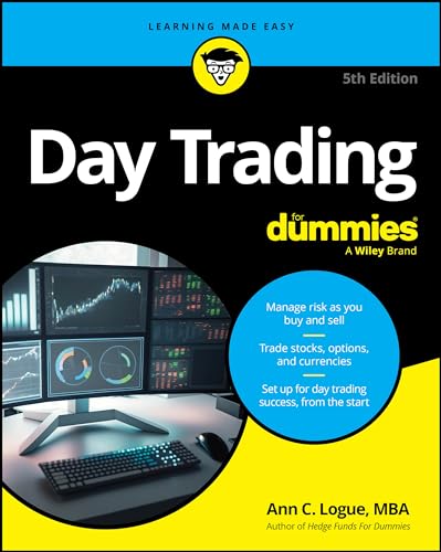Book cover for Day Trading For Dummies 5th Edition featuring computer monitors with charts.