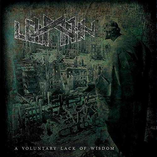 Dark album cover featuring a man overlooking a ruined cityscape.