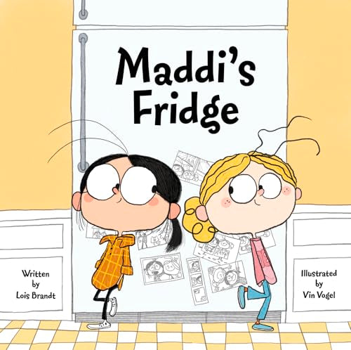 Book cover: two cartoon girls stand by a white refrigerator.